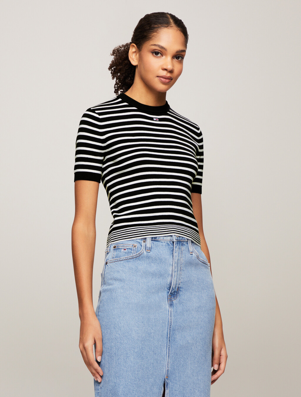 Essential Stripe Short Sleeve Sweater, Navy/White Stripe, hi-res