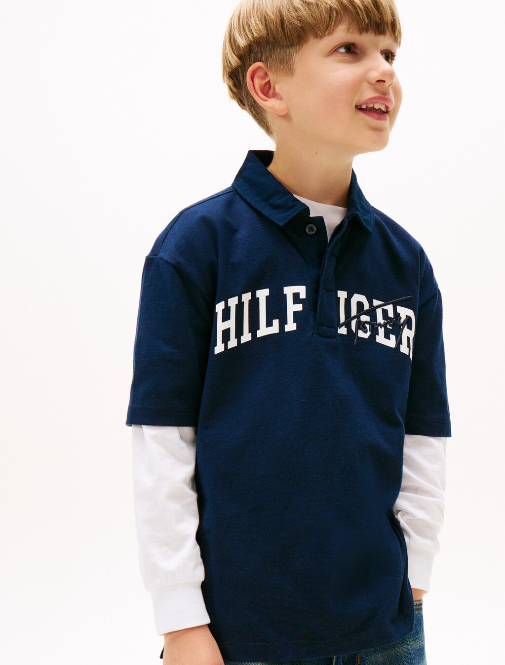 男童裝復刻風混合圖案 Polo 衫, Dark Night Navy, hi-res