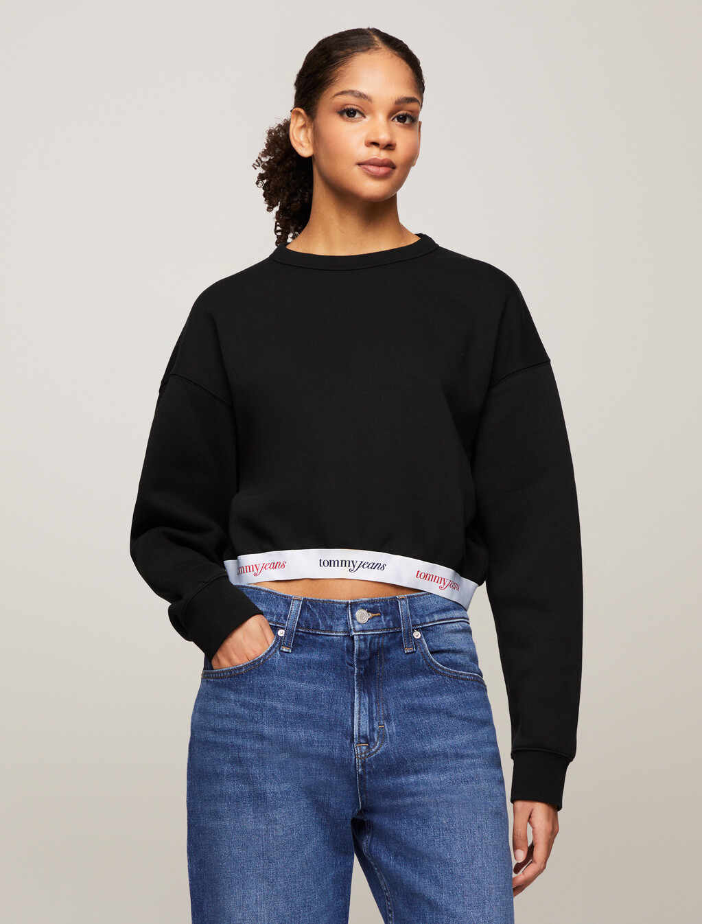 Boxy Cropped Logo Underband Sweatshirt, Black, hi-res