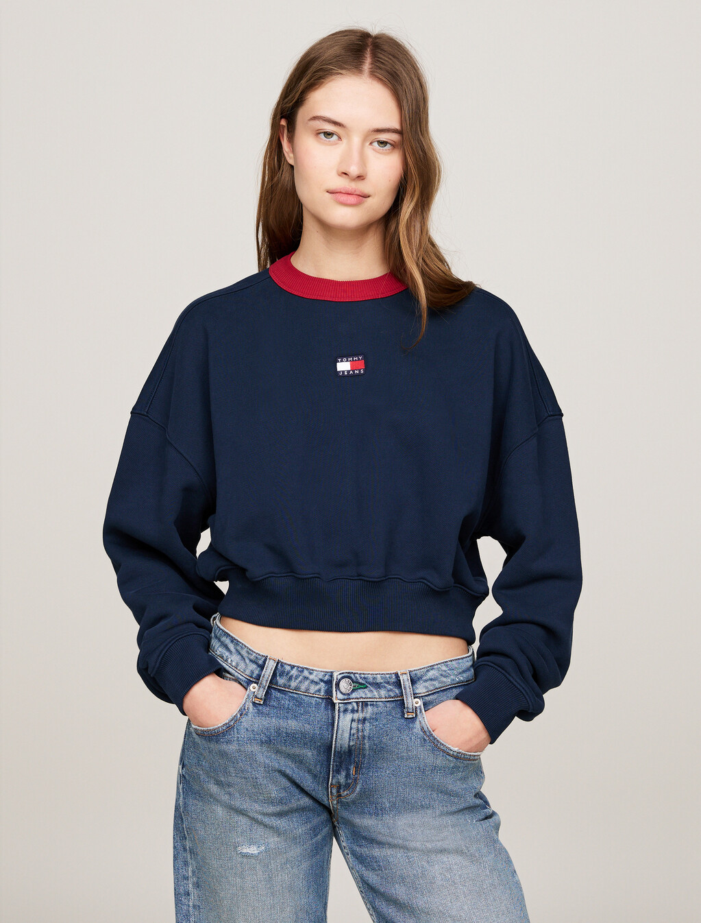 Oversized Cropped Contrast Neckline Sweatshirt, Dark Night Navy, hi-res