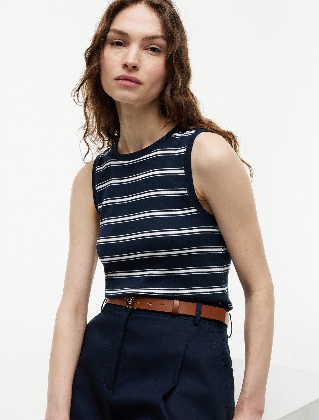 Stripe Slim Crew Neck Tank Top, Multi Stp Dark Night Navy / Ecru, hi-res