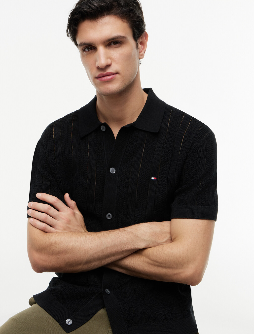 Relaxed Pointelle Short Sleeve Shirt With Linen, Black Heather, hi-res