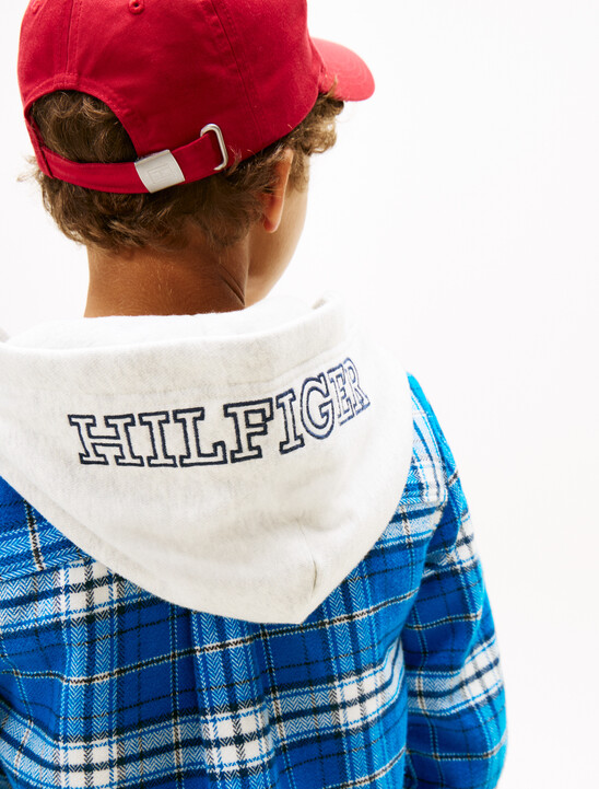 Hooded Plaid Overshirt, Vibrant Indigo Check Hooded Plaid Overshirt
