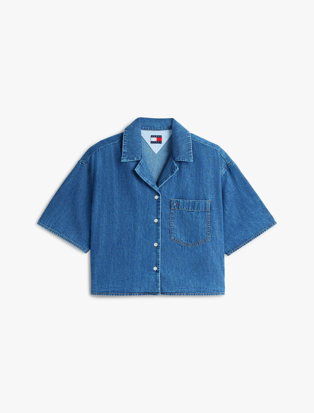 Relaxed Fit Chambray Cropped Shirt, Denim Medium, hi-res