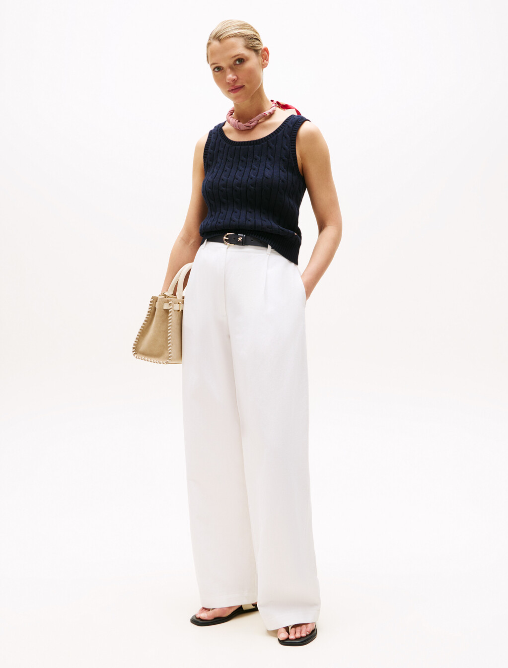 Cable Knit Sleeveless Sweater, Desert Sky, hi-res