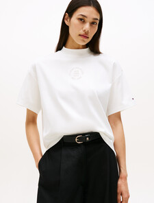 Stamp Print Relaxed Mock Neck T-Shirt, Ecru, hi-res