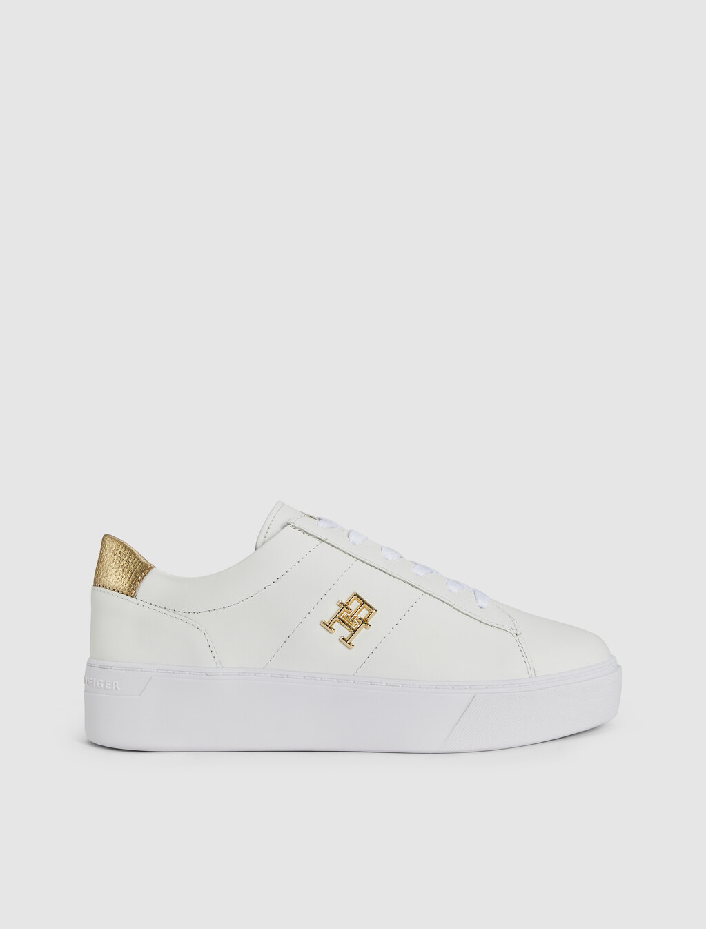 Leather Platform Court Trainers, White, hi-res