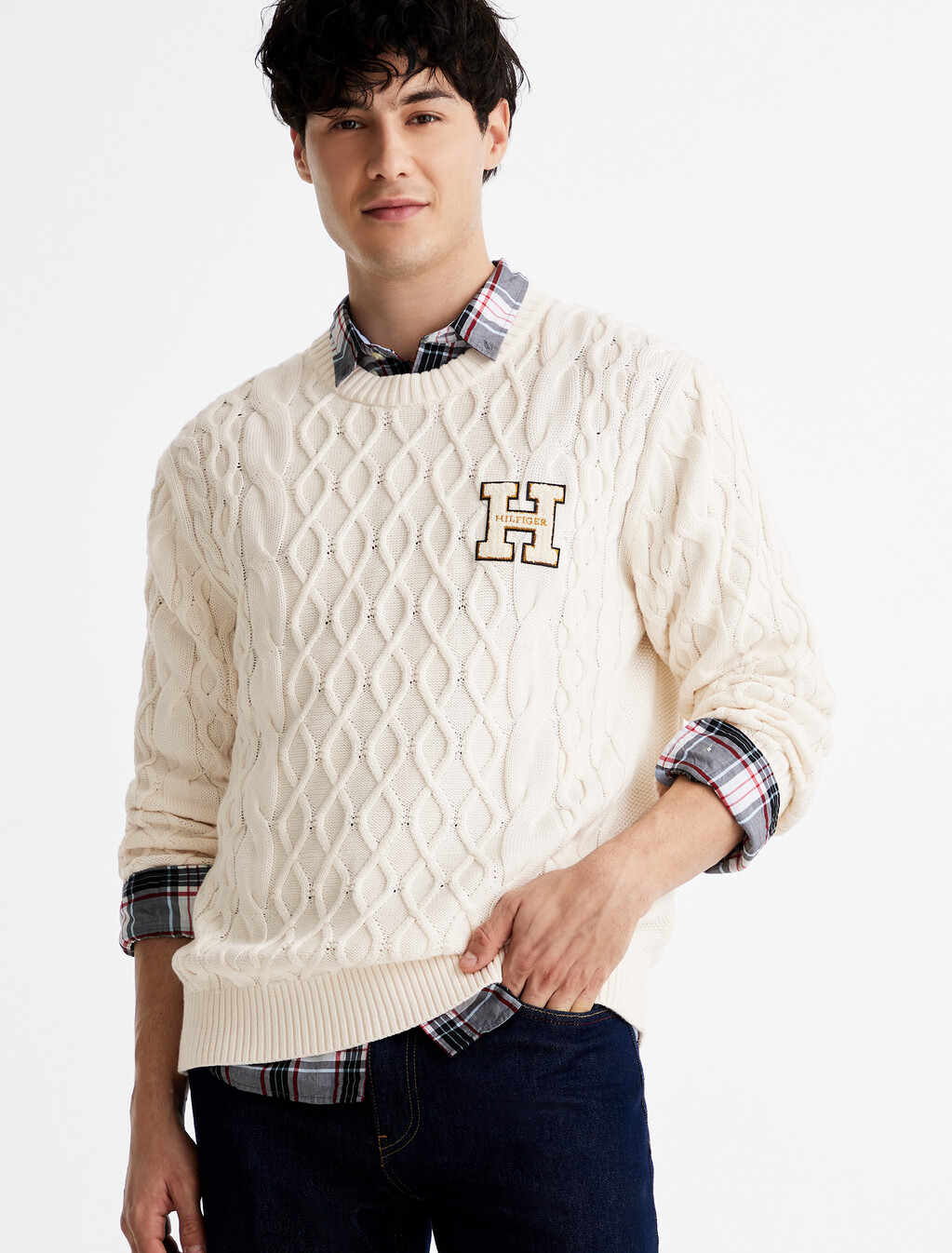 Cable Knit Letterman Applique Sweater, Ivory Petal, hi-res