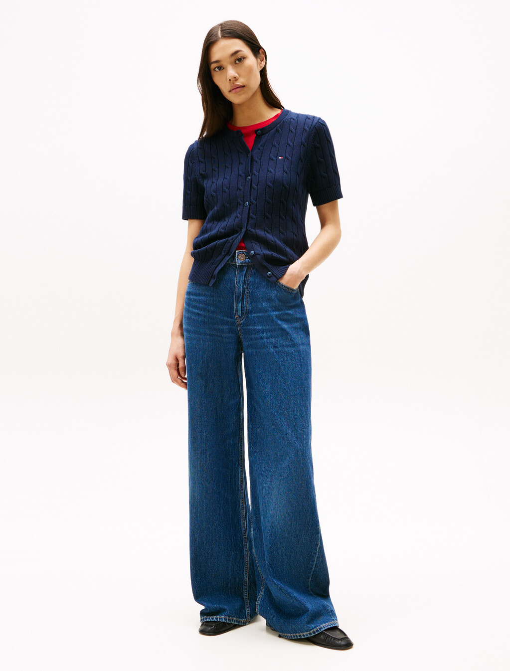 Cable Knit Short Sleeve Cardigan, Dark Night Navy, hi-res