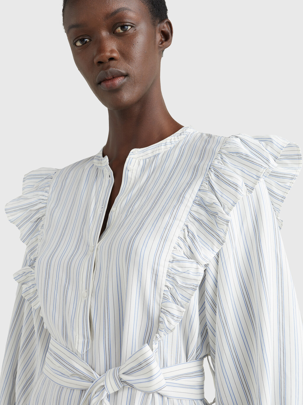 荷葉邊細節條紋裇衫裙, Textured Stripe /Ecru Blue, hi-res
