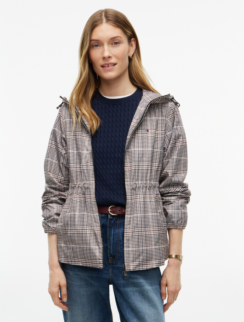 Water Repellent Lightweight Hooded Windbreaker, Small Brown Check, hi-res