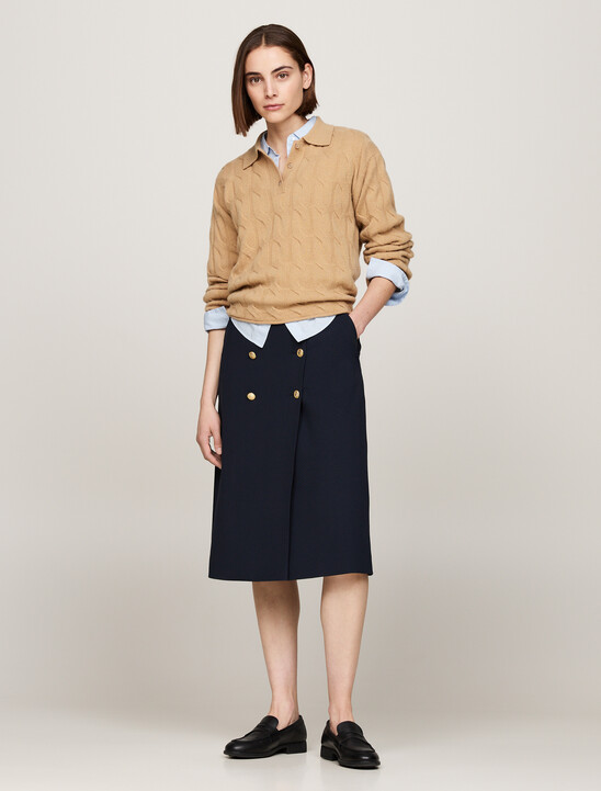 Embossed Button Twill Midi Skirt
