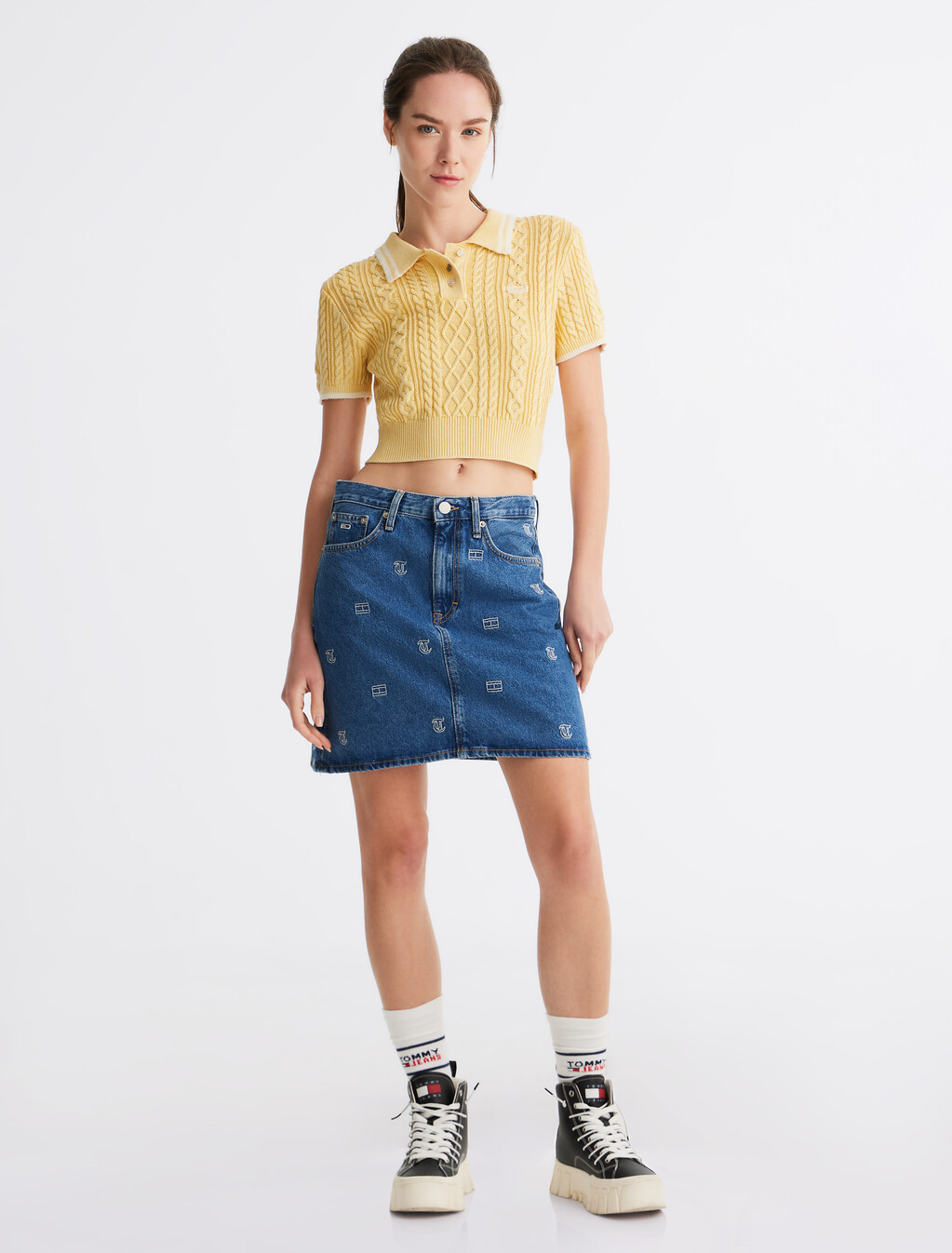 Cable Knit Cropped Polo, Custard Cream, hi-res