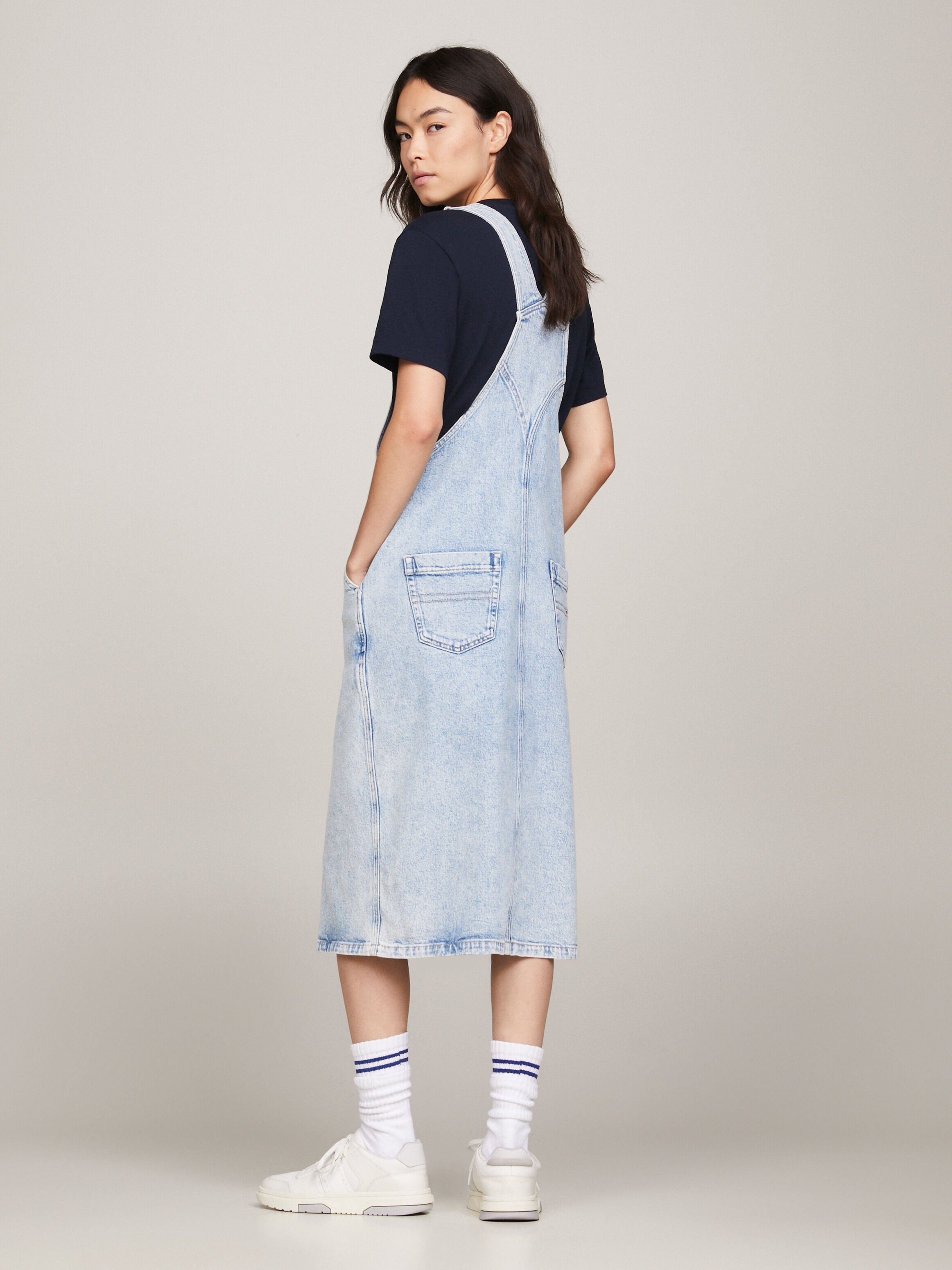 Denim dungaree midi dress shop