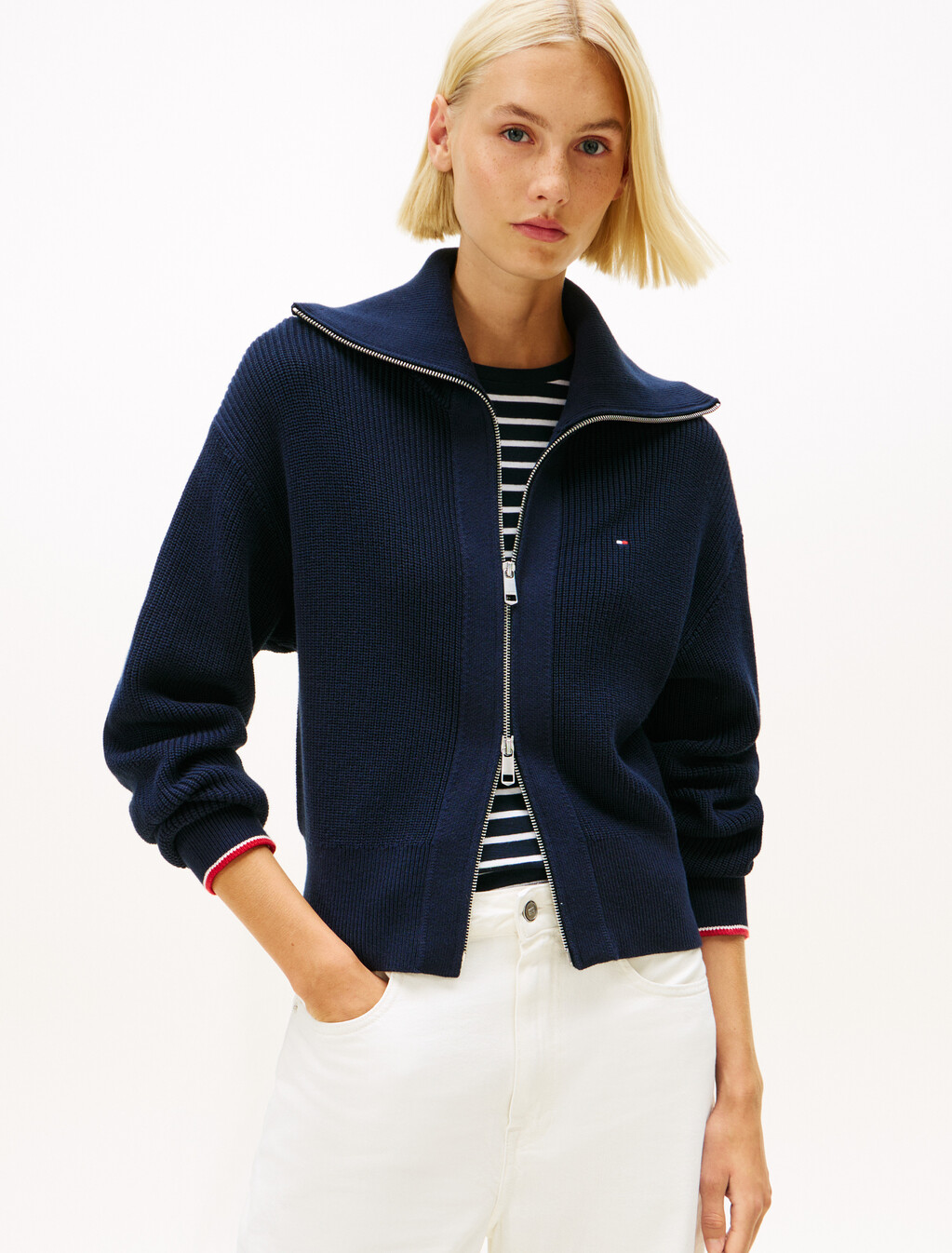 Double Zip Flap Collar Knit Cardigan, Dark Night Navy, hi-res