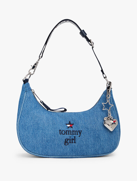 Tommy Girl Logo Charm Denim Shoulder Bag