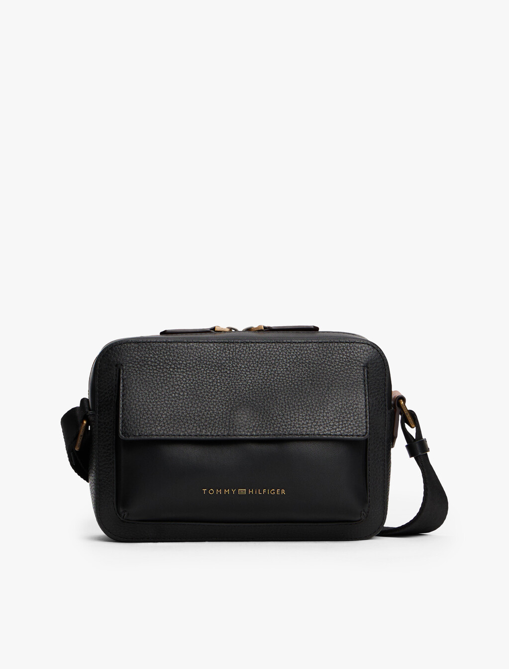休閒 Preppy 風皮革斜肩包, Black, hi-res