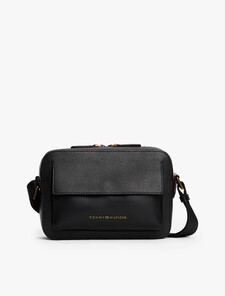休閒 Preppy 風皮革斜肩包, Black, hi-res