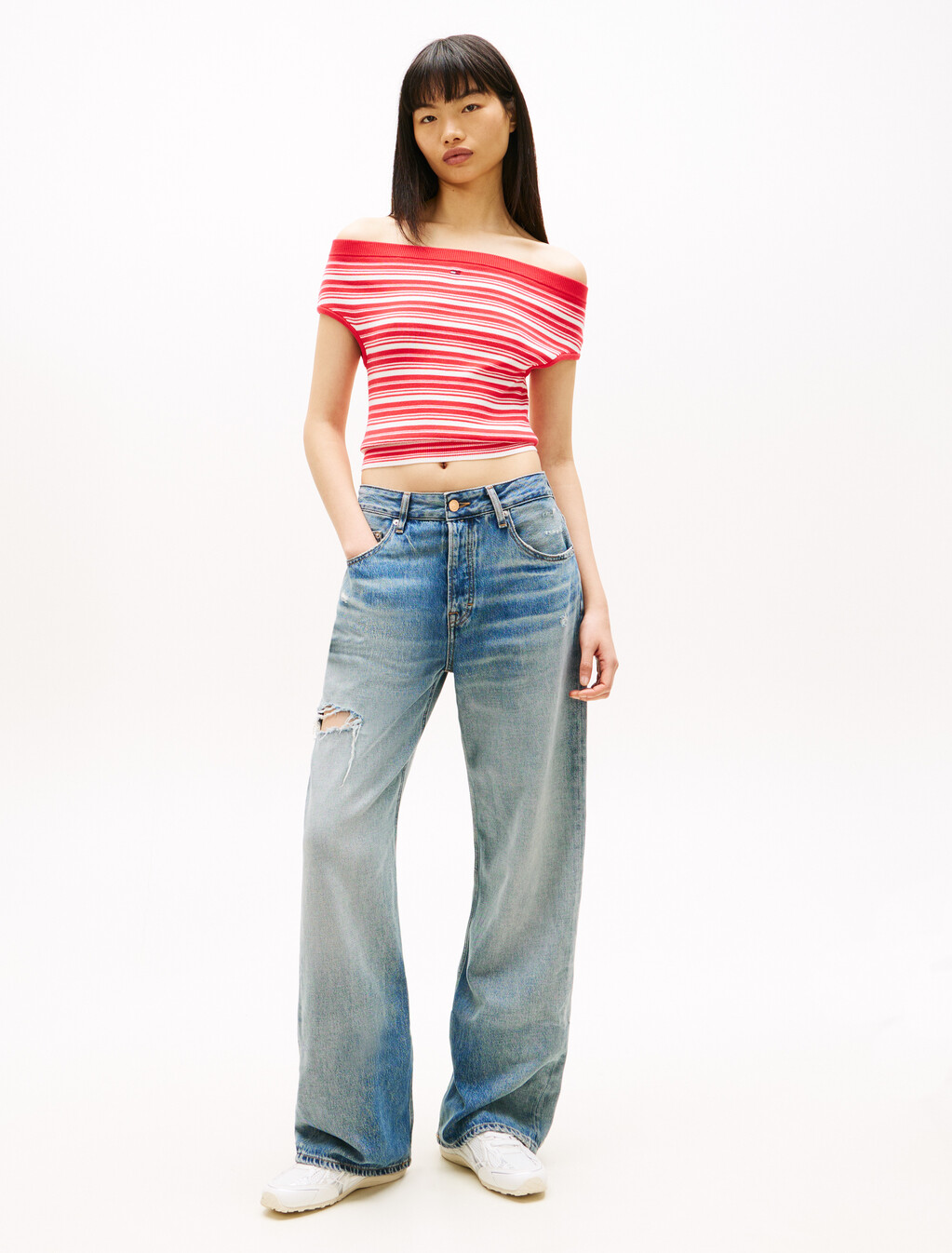 Stripe Off-The-Shoulder Slim Jumper, Red Alert, hi-res