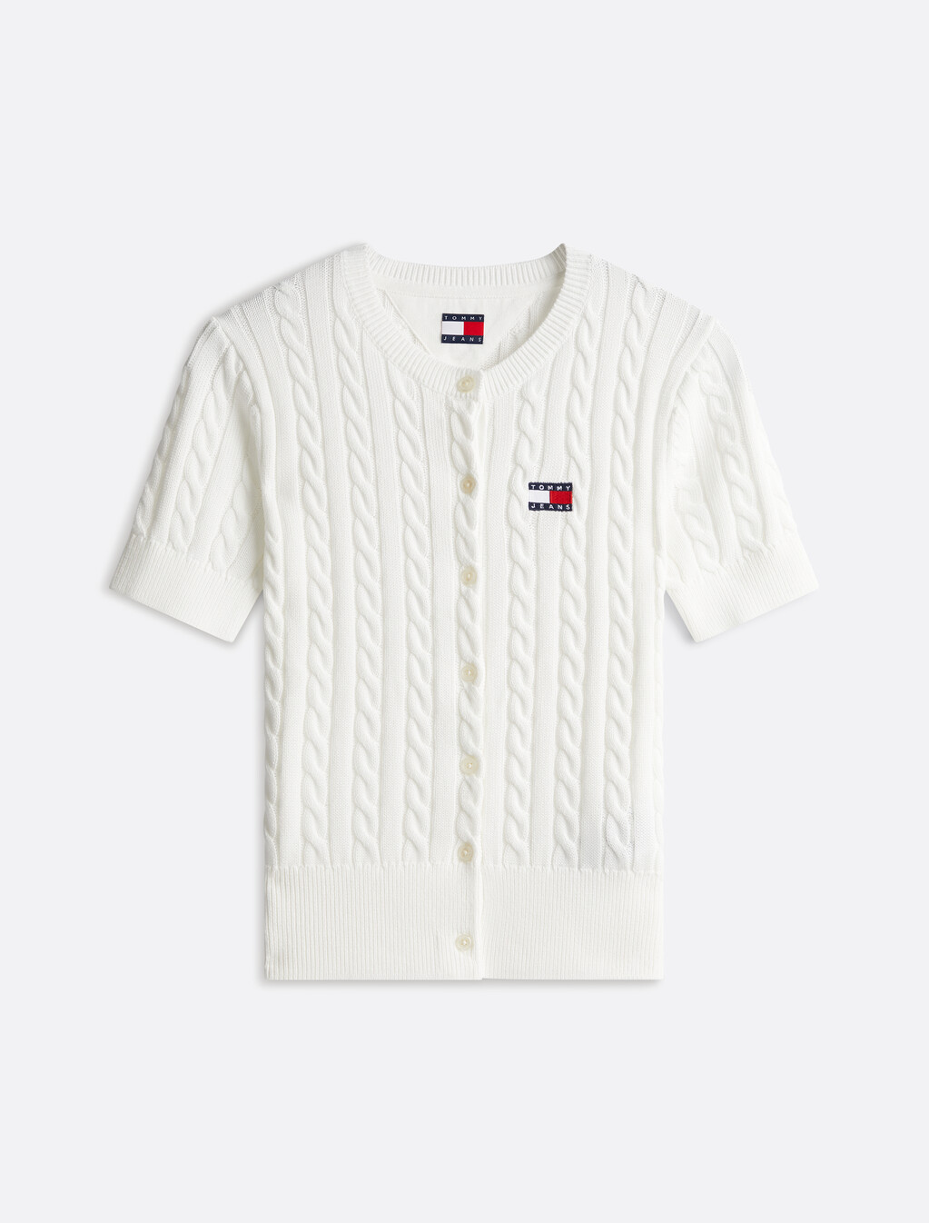 Cable Knit Short Sleeve Cardigan, Ecru, hi-res