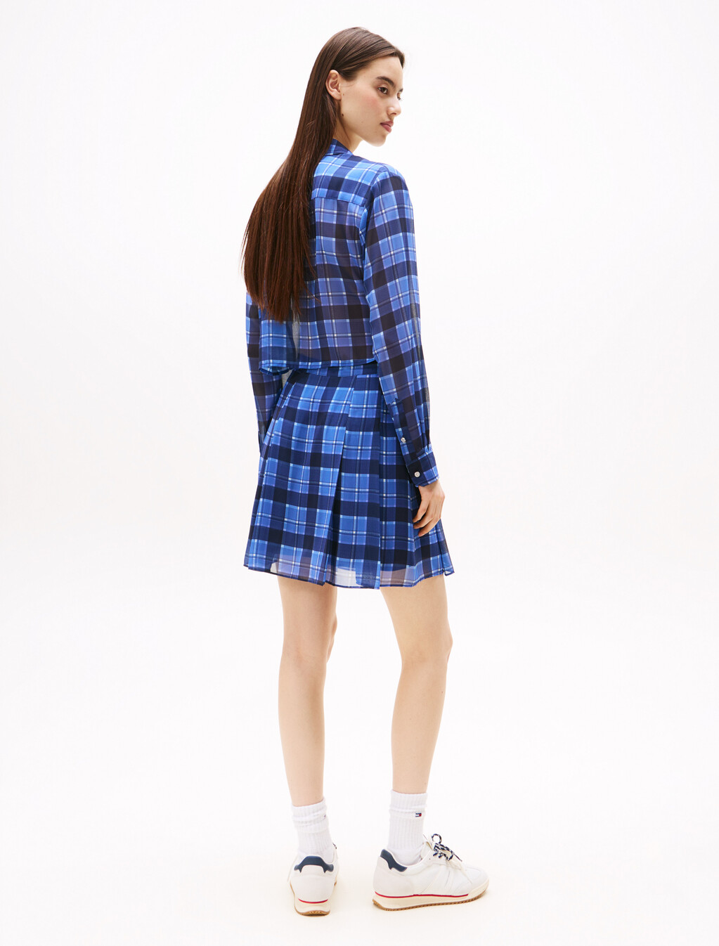 Regular Fit Cropped Chiffon Shirt, Blue Check, hi-res