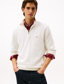 French Rib Knit 1/4 Zip Sweater, Ecru, hi-res