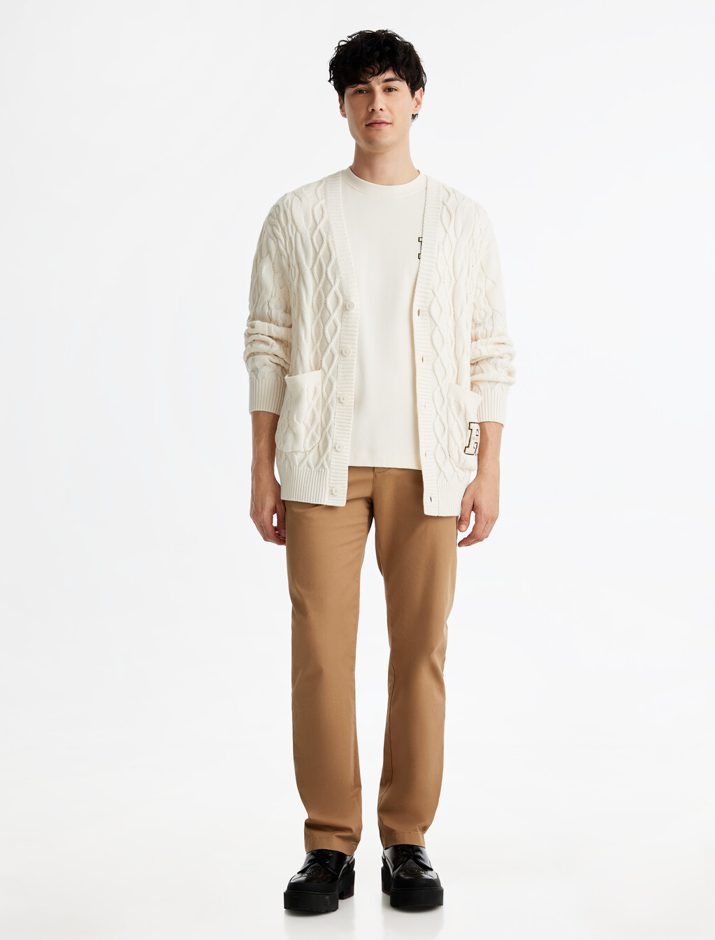 Cable Knit Letterman Applique Cardigan, Ivory Petal, hi-res