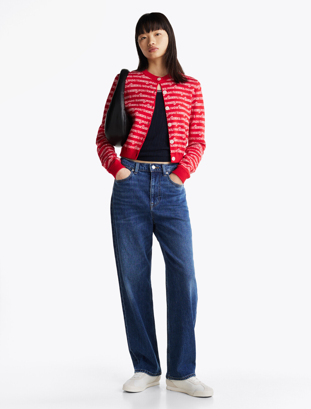 All-Over Logo Cropped Slim Cardigan, Red Hybrid Logo Aop, hi-res