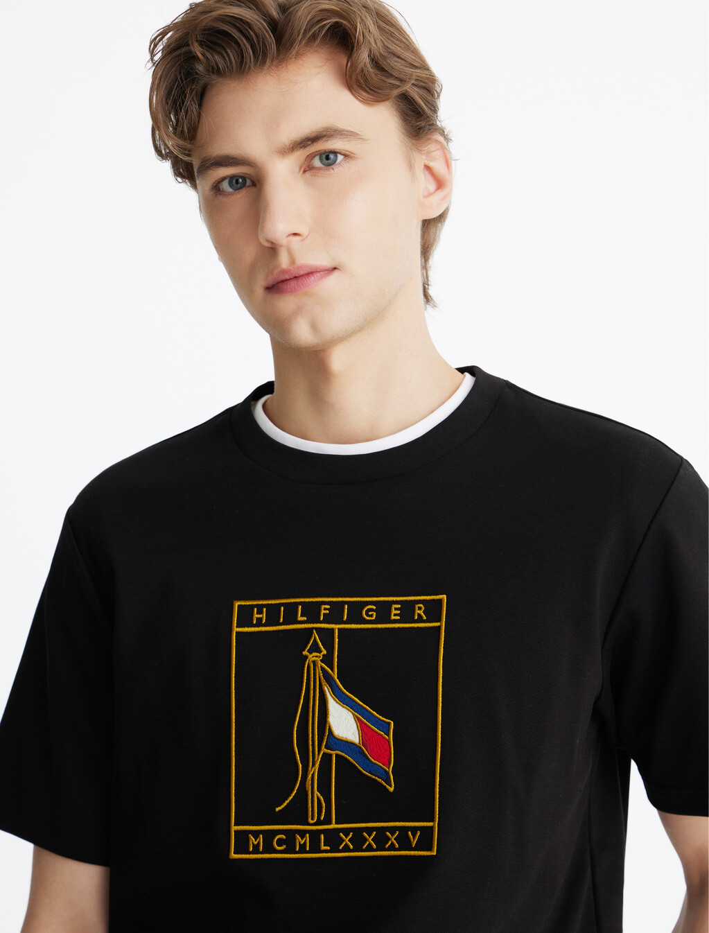 Flag Icon Embroidery Interlock T-Shirt, Black, hi-res