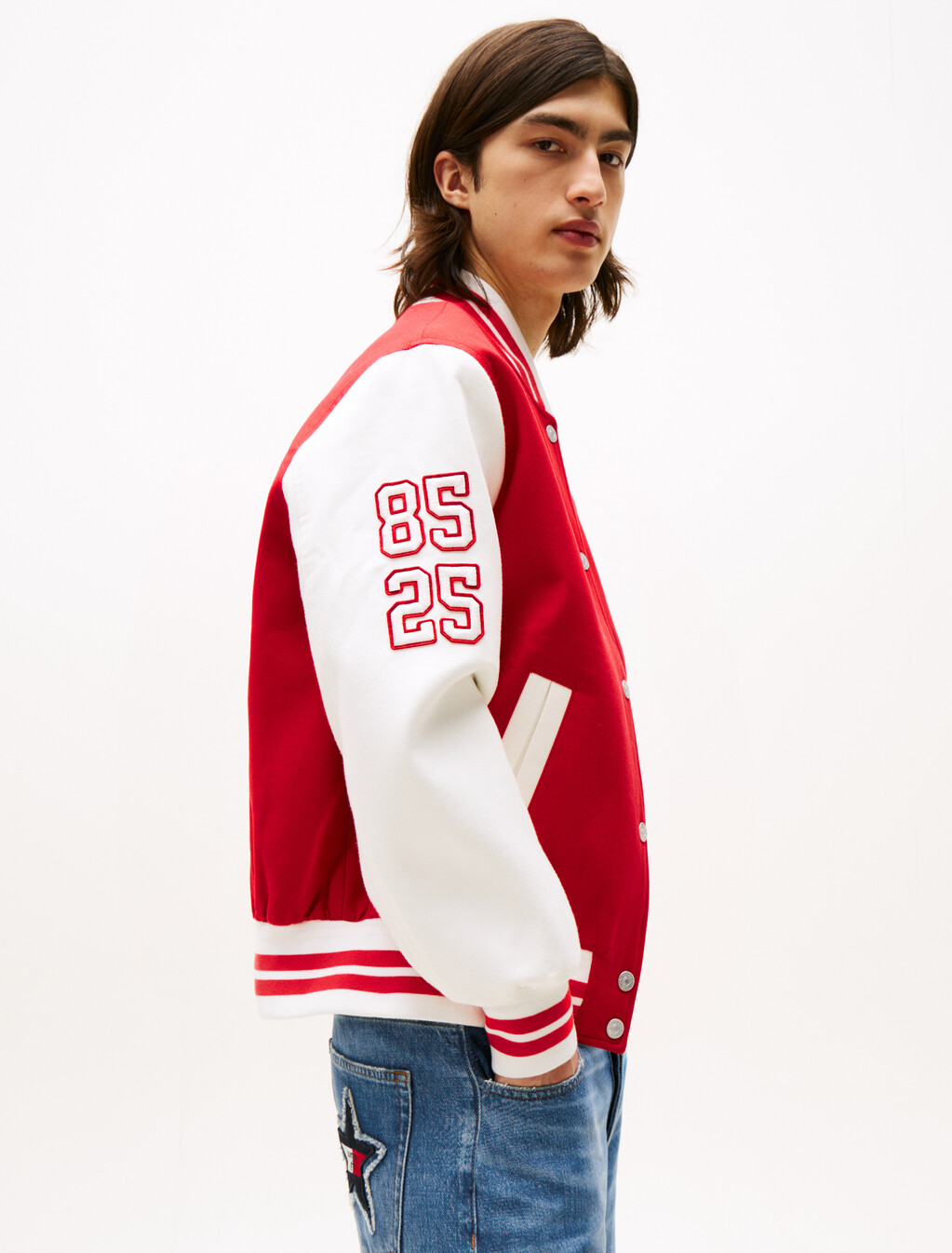 Tommy Girl Back Logo Oversized Varsity Jacket, Primary Red / Ecru, hi-res