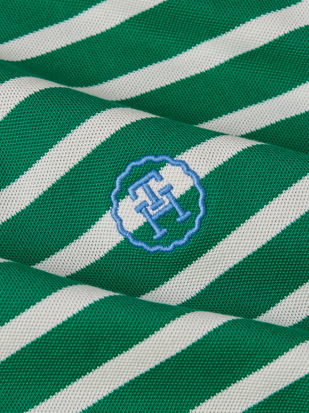 寬鬆萊賽爾條紋 Polo 恤, Breton Ecru/Olympic Green, hi-res
