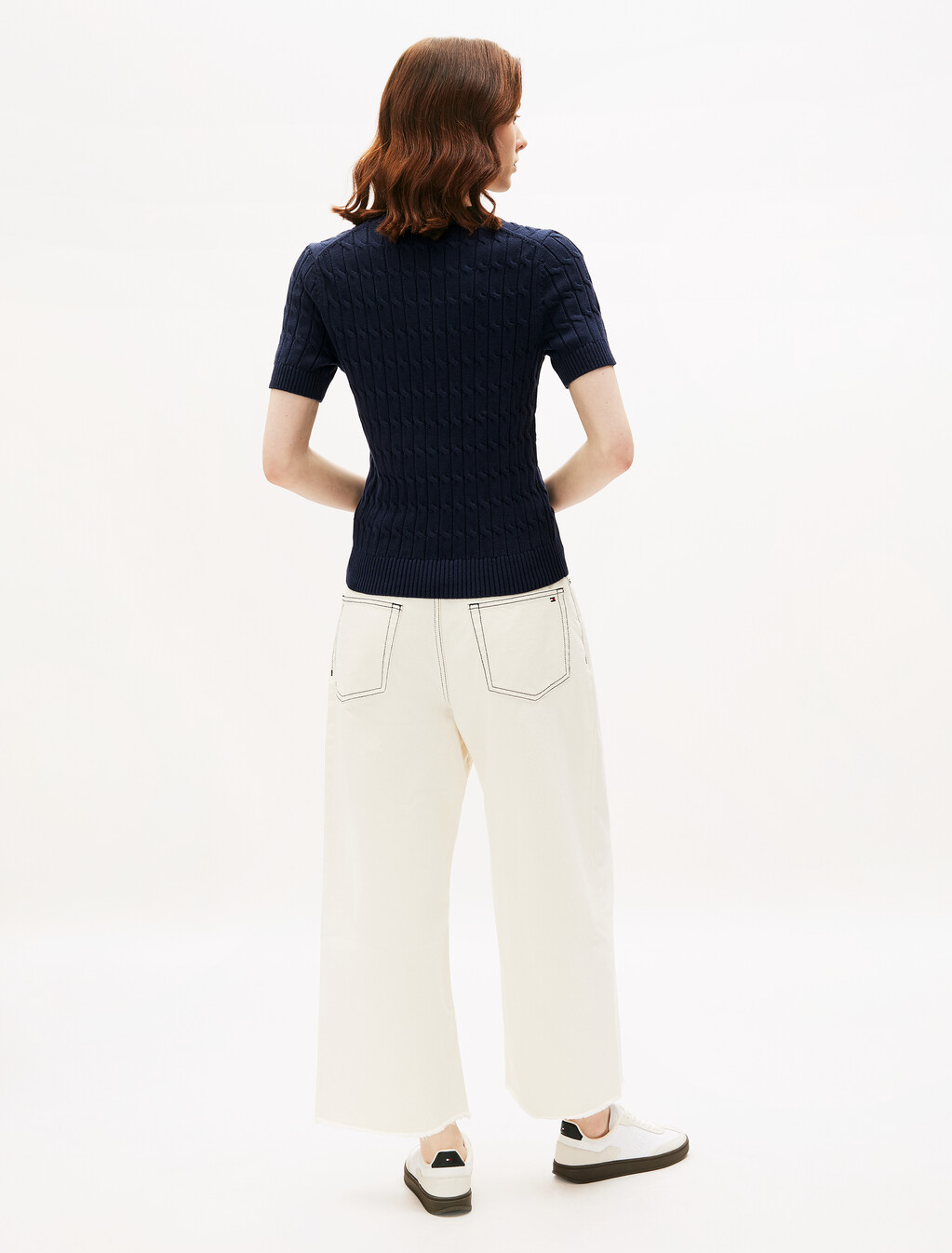 Cable Knit Short Sleeve Jumper, Dark Night Navy, hi-res