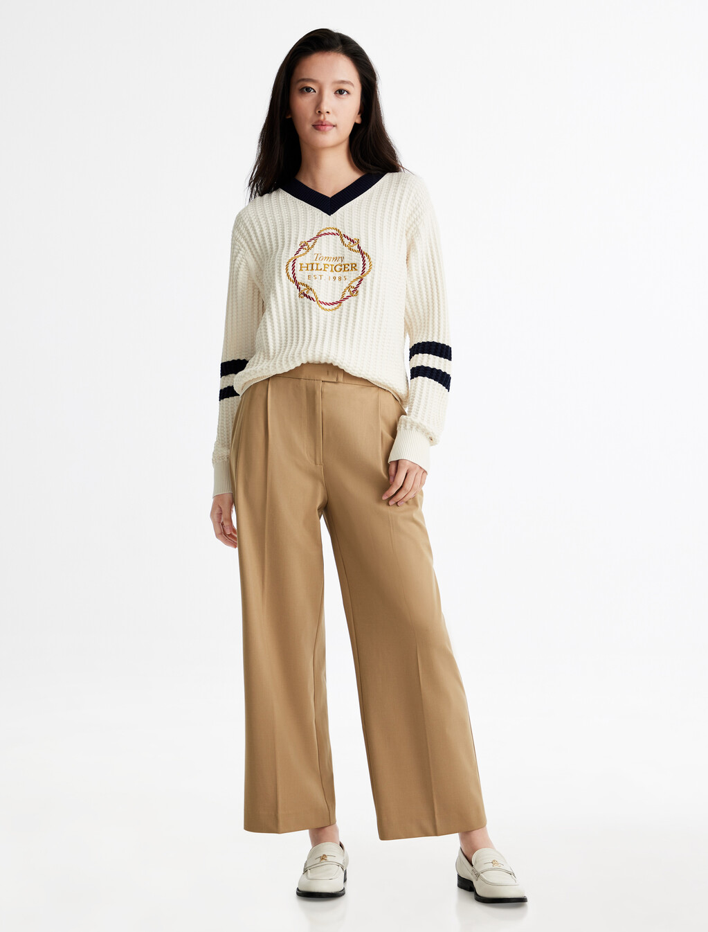 Graphic V Neck Sweater, Ivory Petal, hi-res