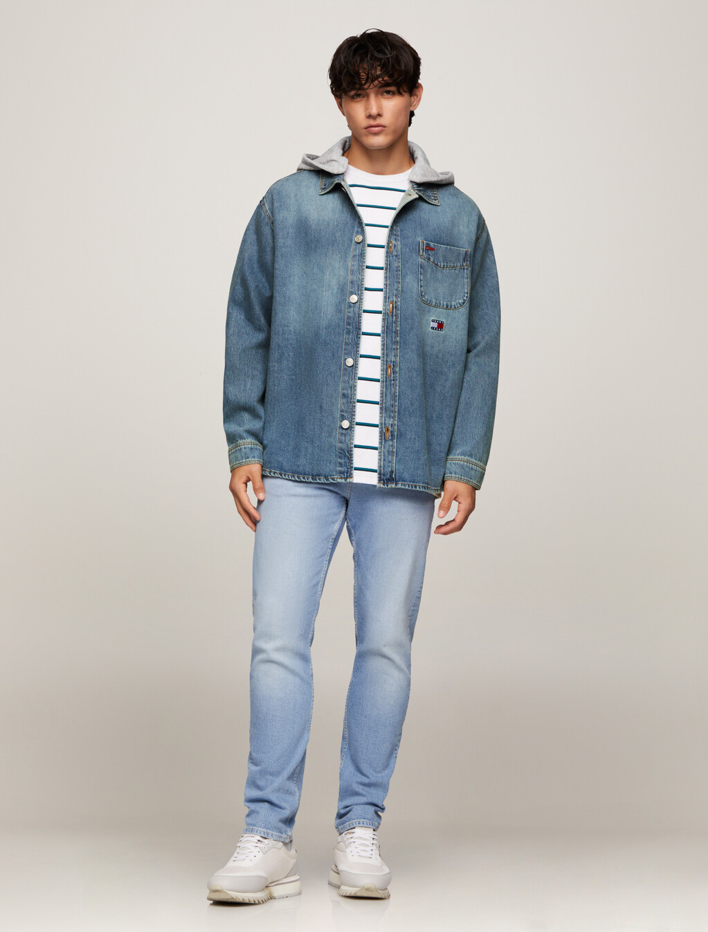 Hooded Denim Shacket, Denim Medium, hi-res