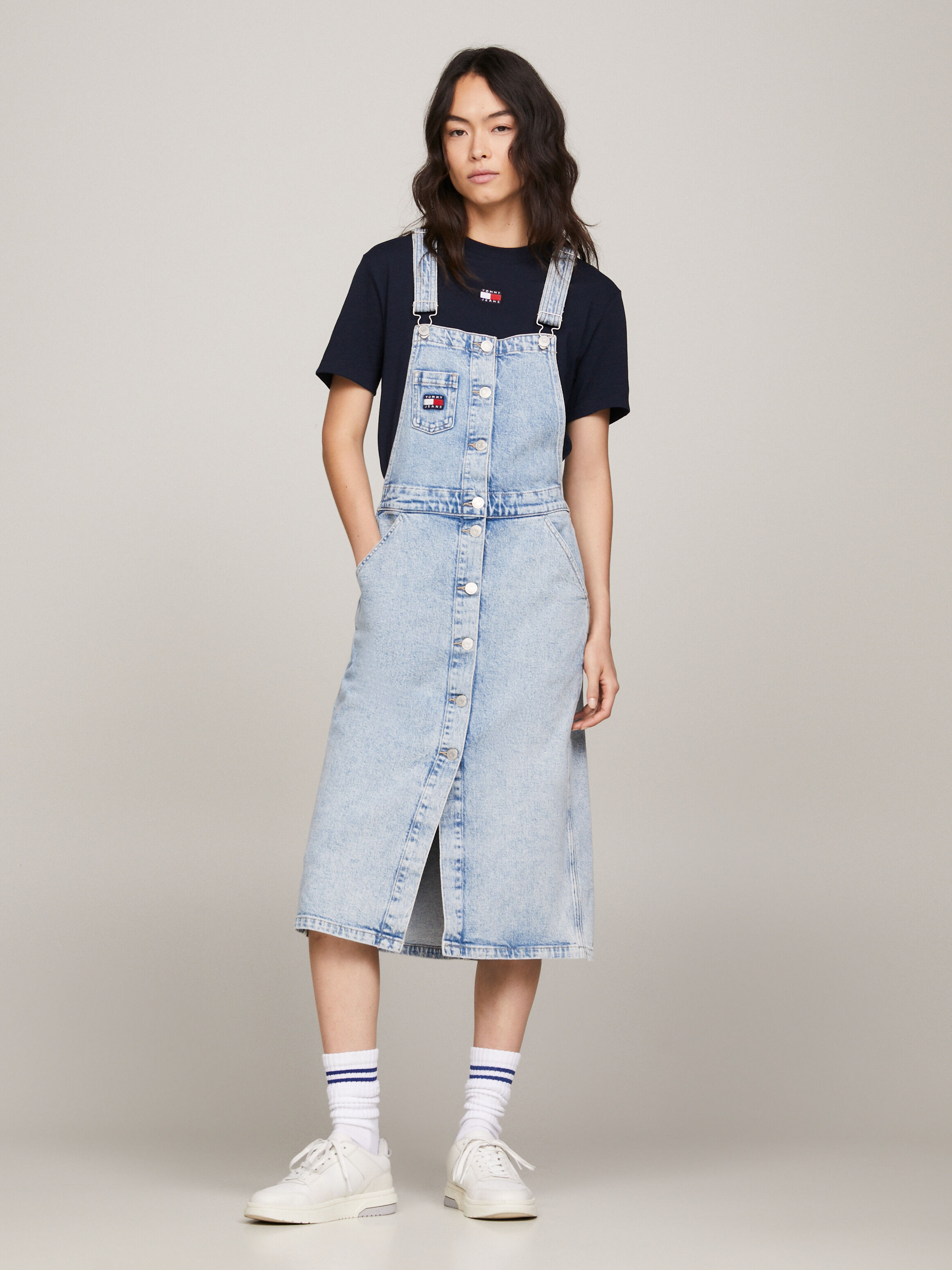 Denim dungaree dress midi outlet