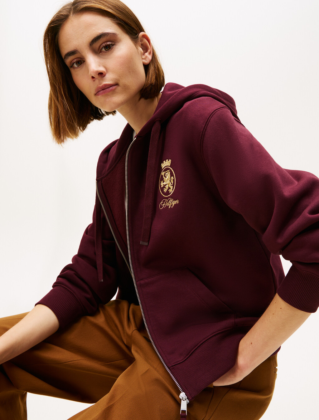 TH Crest Embroidery Gold-Tone Zip-Thru Hoody, Deep Burgundy, hi-res