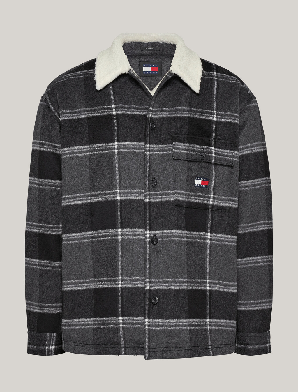 仿羔羊毛領格紋休閒外套, Black Check, hi-res