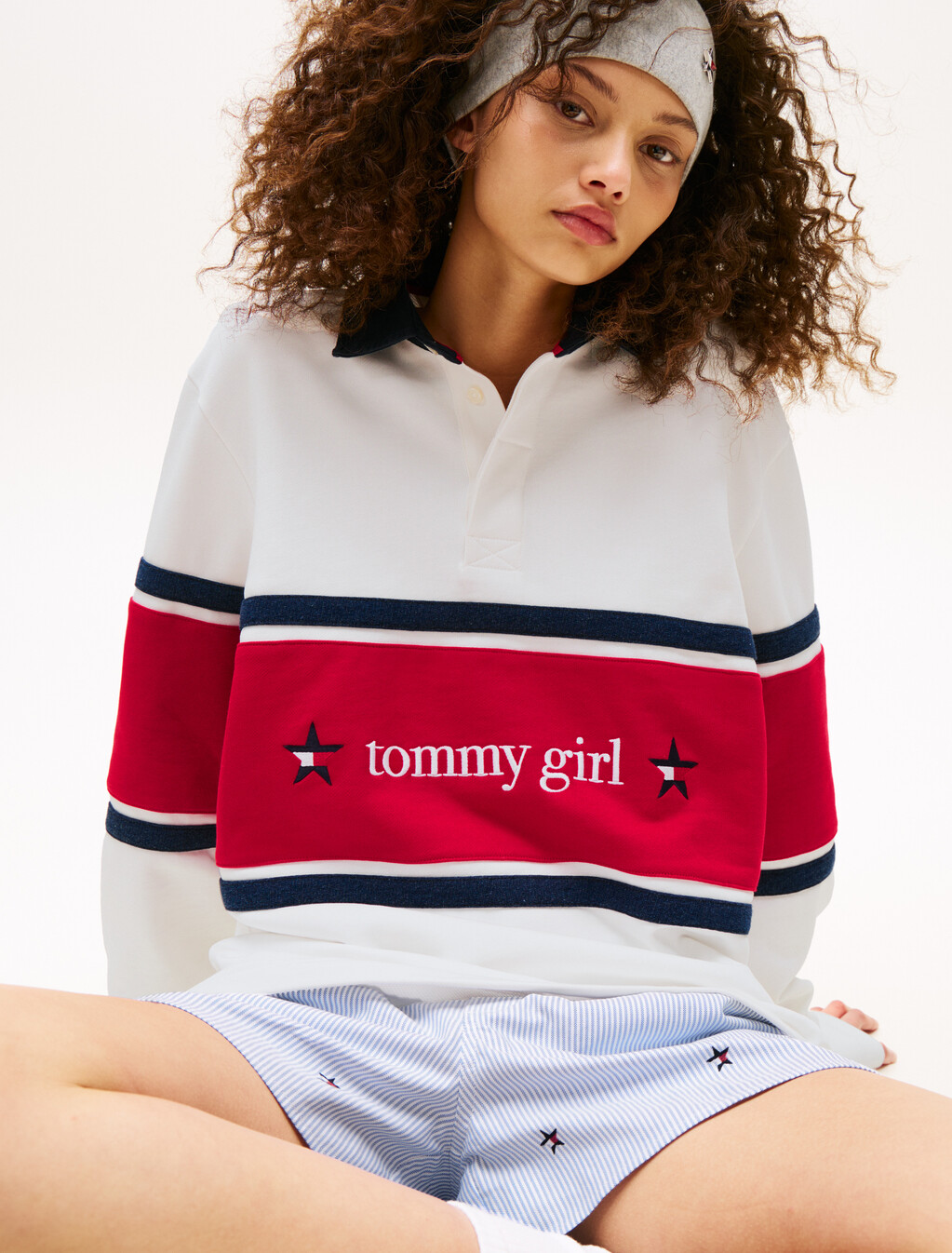 Tommy Girl 後背標誌寬鬆條紋橄欖球衫, Ecru, hi-res