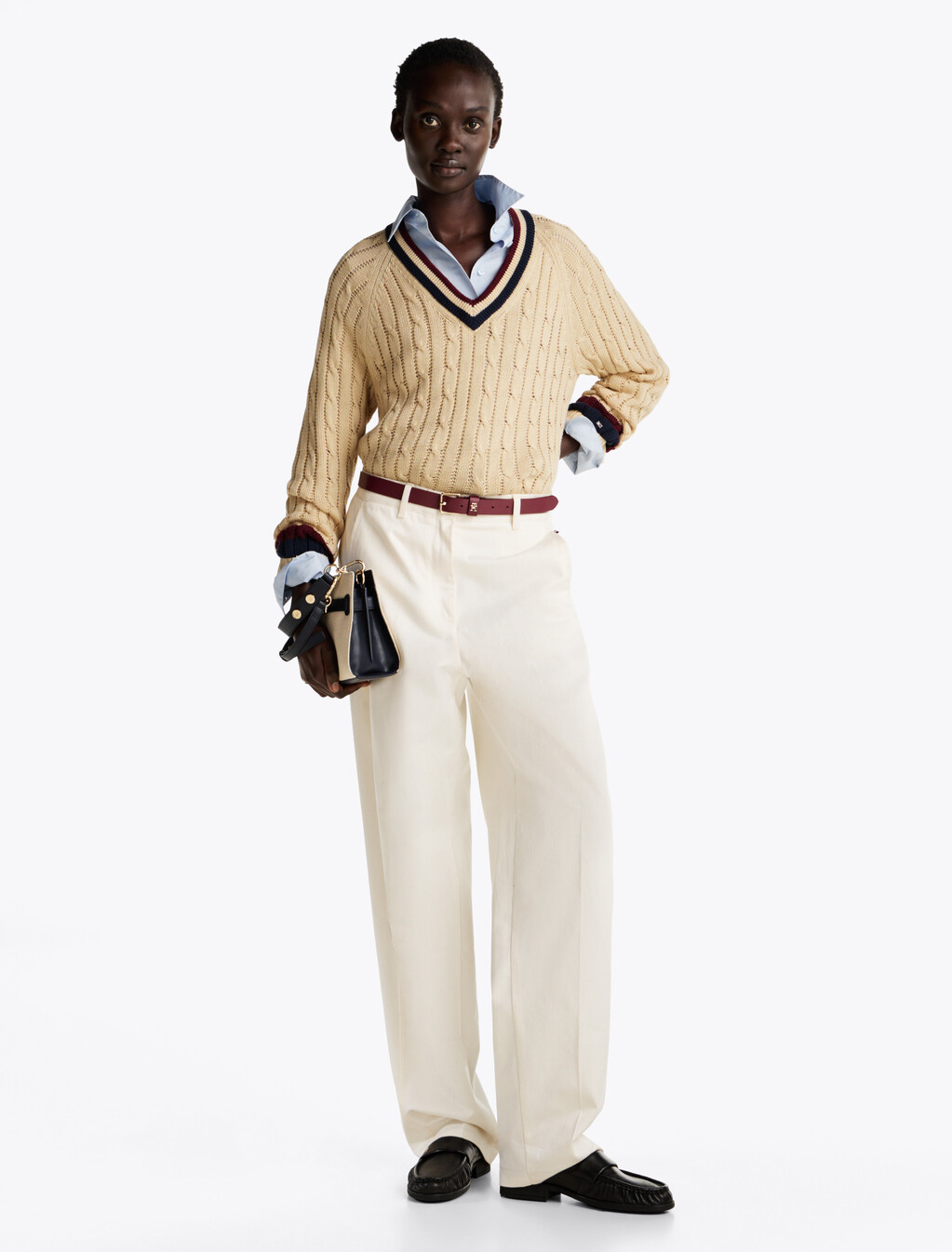 Varsity Cable Knit V Neck Sweater, Country Ivory, hi-res