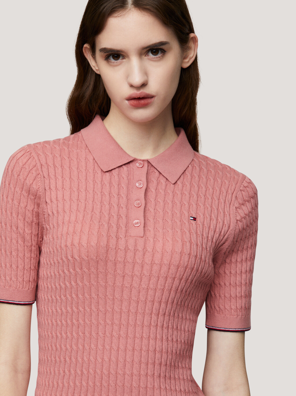 絞花針織修身短袖 Polo 針織衫, Teaberry Blossom, hi-res