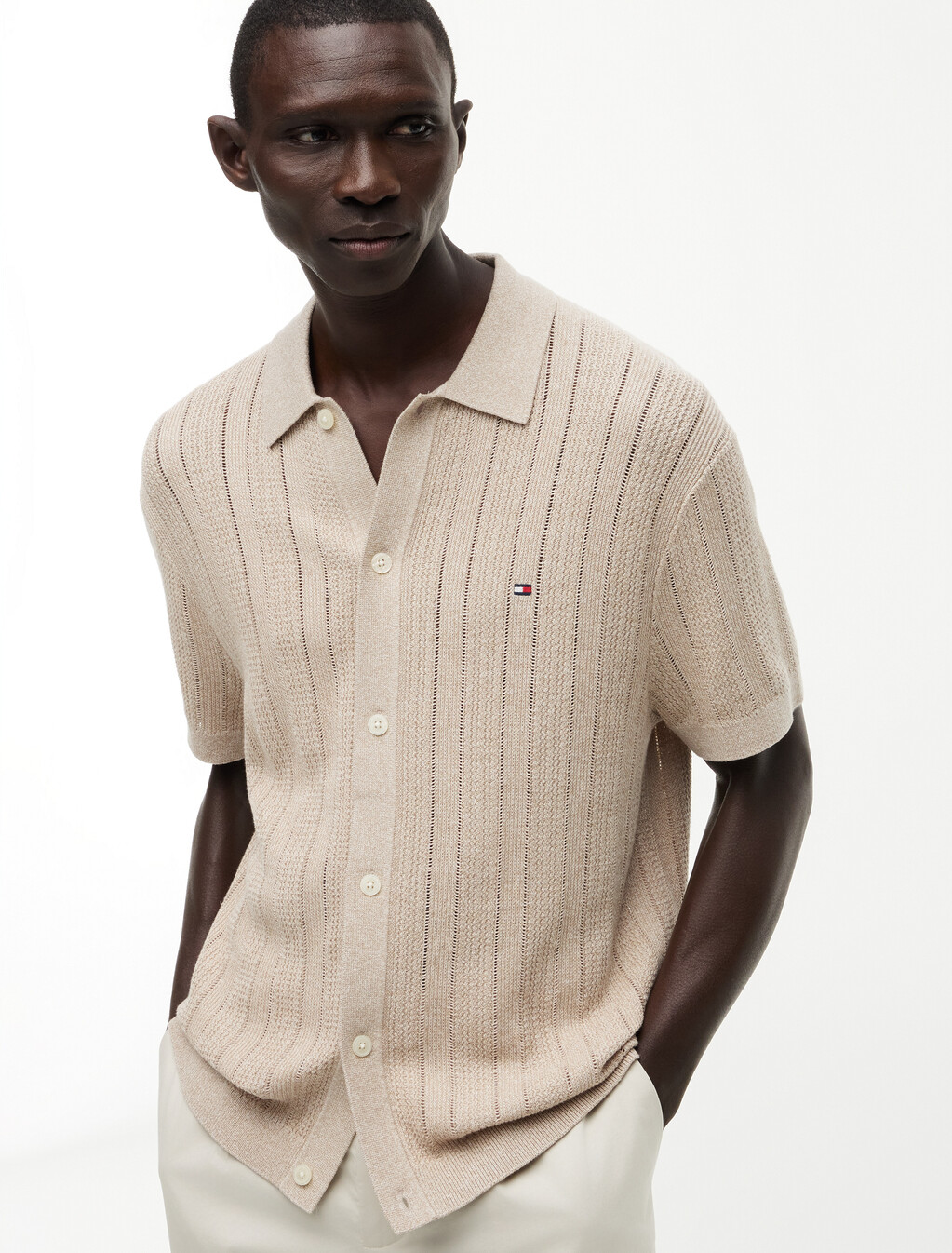Relaxed Pointelle Short Sleeve Shirt With Linen, Batique khaki Heather, hi-res