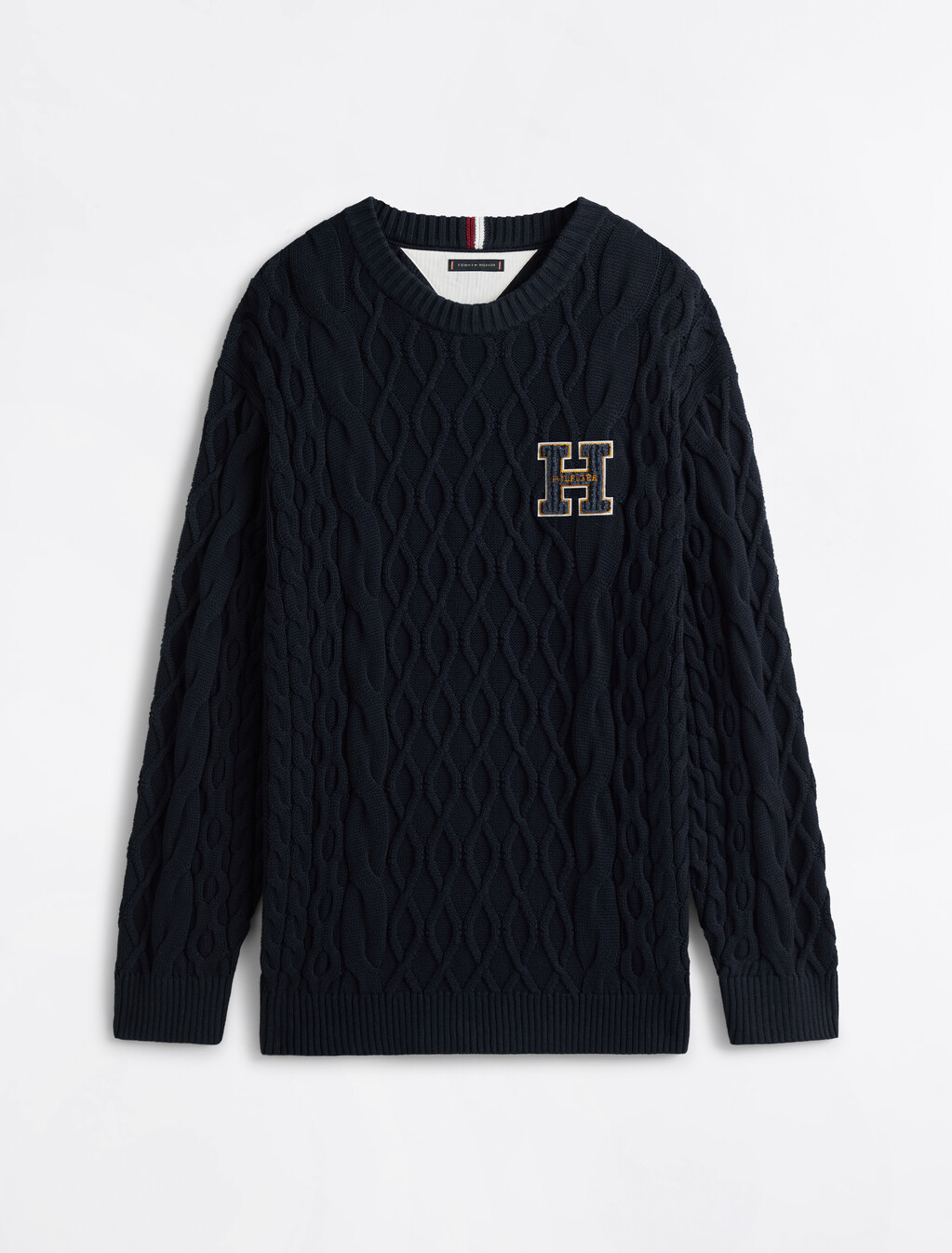 Cable Knit Letterman Applique Sweater, Desert Sky, hi-res