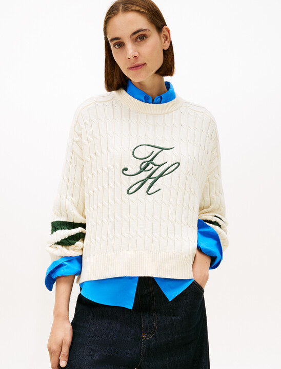 Logo Embroidery Relaxed Cable Knit Jumper