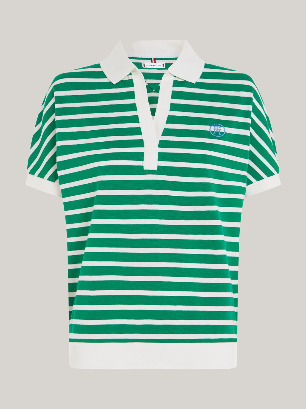 寬鬆萊賽爾條紋 Polo 恤, Breton Ecru/Olympic Green, hi-res