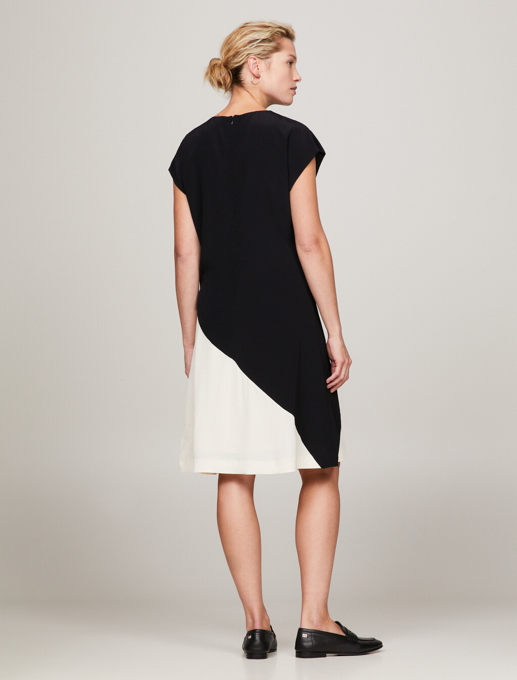 Colour-Blocked Knee Length Dress, Black/ Calico Colorblocked, hi-res