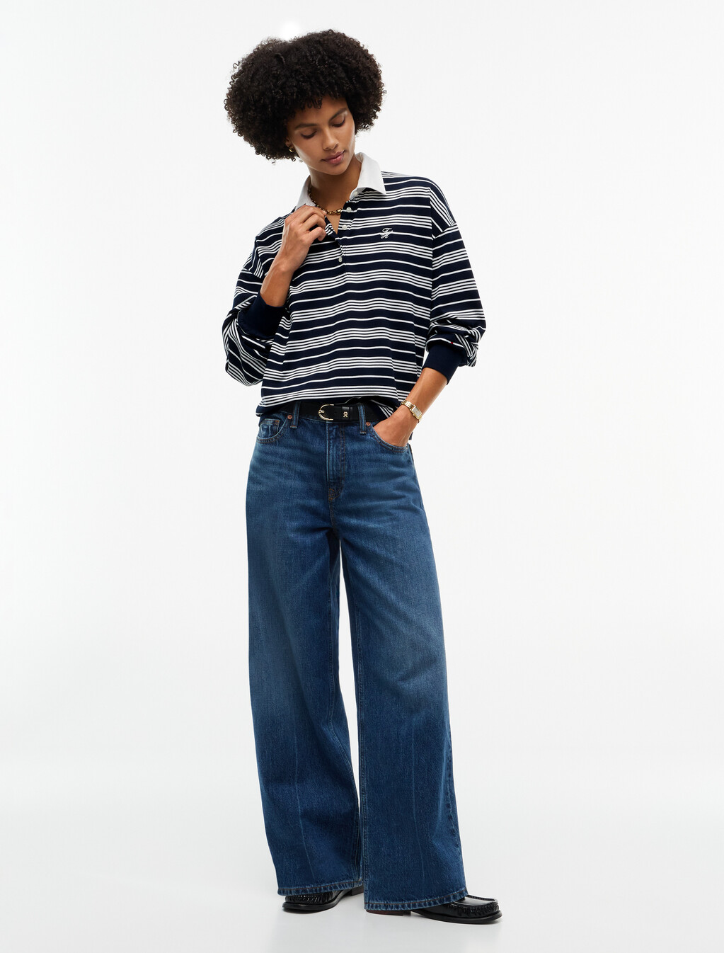 Rugby Stripe Relaxed Polo Sweatshirt, Broken Stripe Dark Blue / Ecru, hi-res