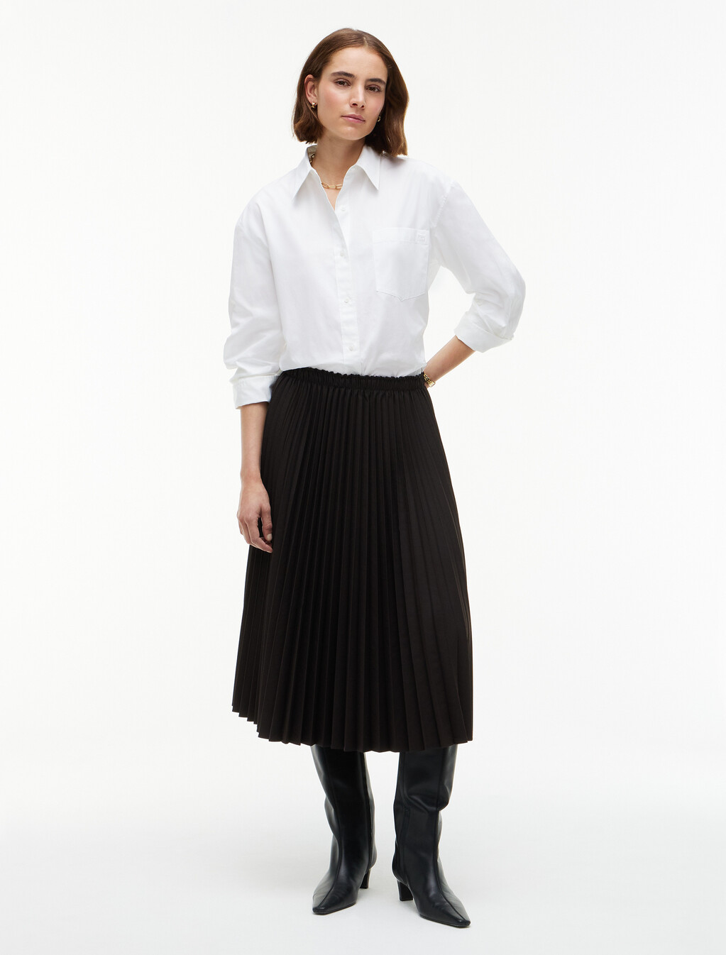 Pleated Twill Midi Skirt, Chocolate, hi-res