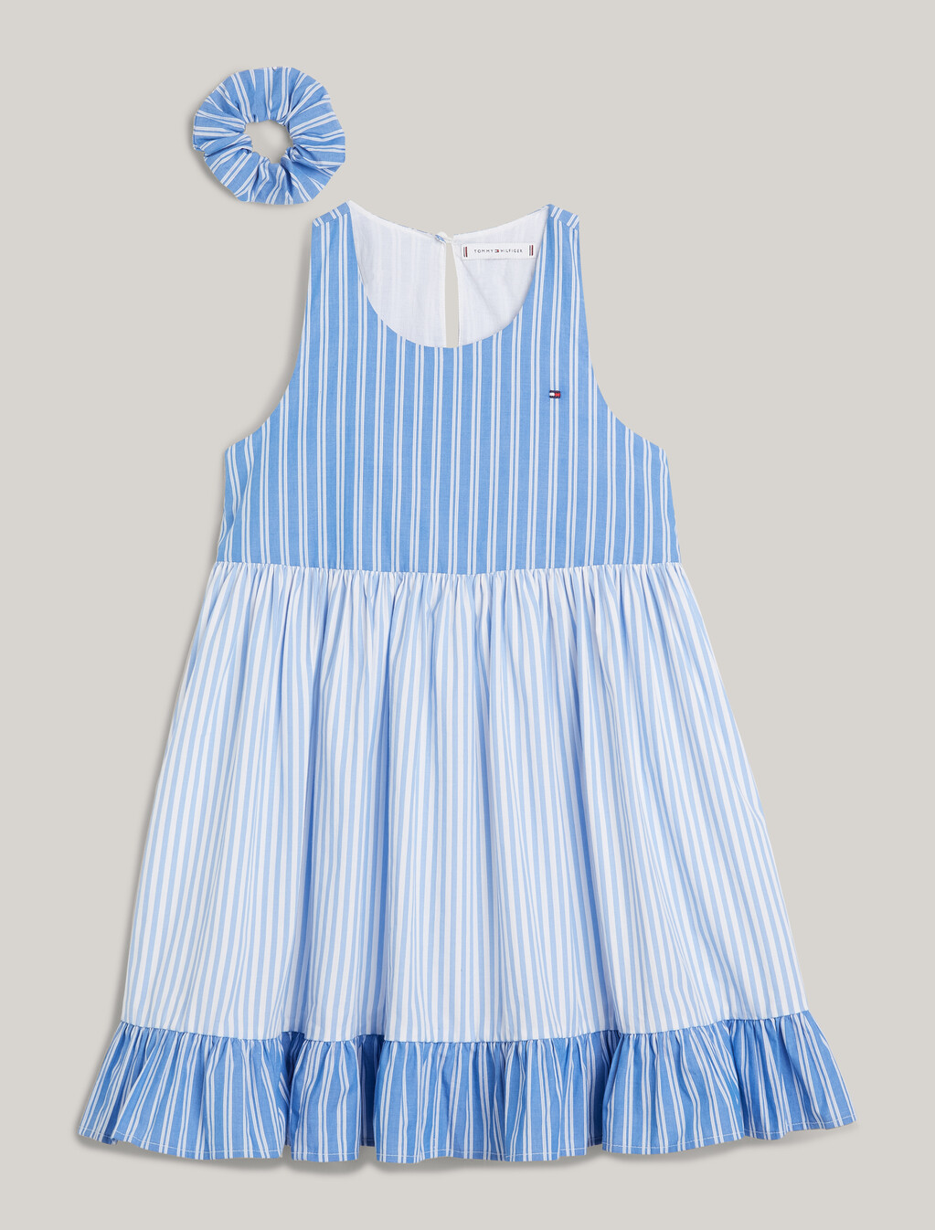 混合條紋工字背連身裙和髮圈套裝, Blue Spell Stripe / White, hi-res