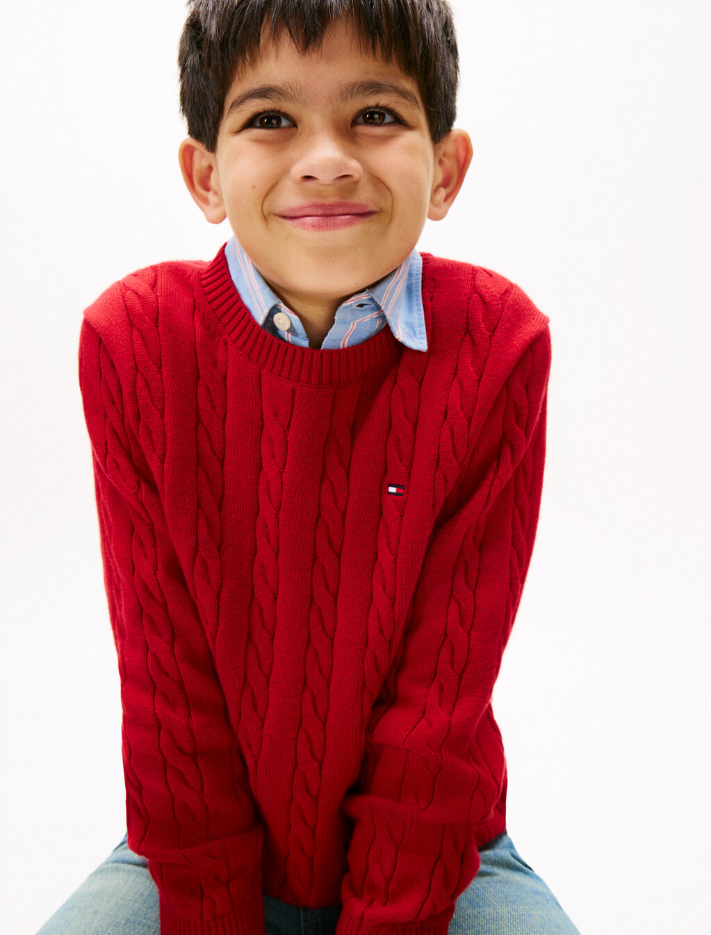 Cable Knit Crew Neck Jumper, Medium Red, hi-res