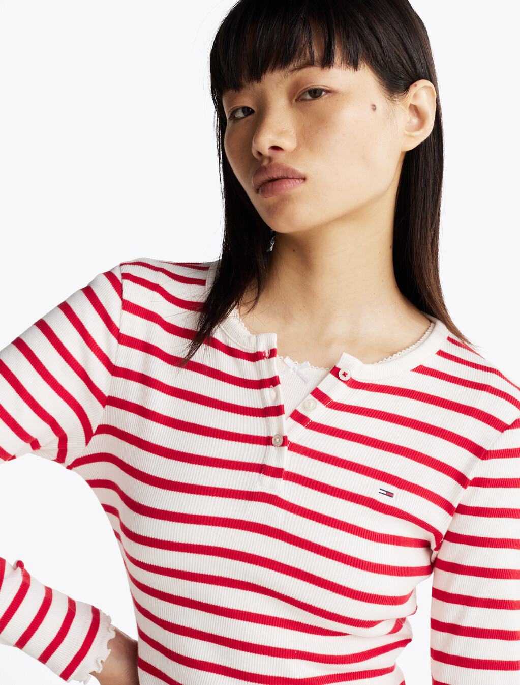 Ribbed Long Sleeve Slim T-Shirt, Red/White Sripe, hi-res